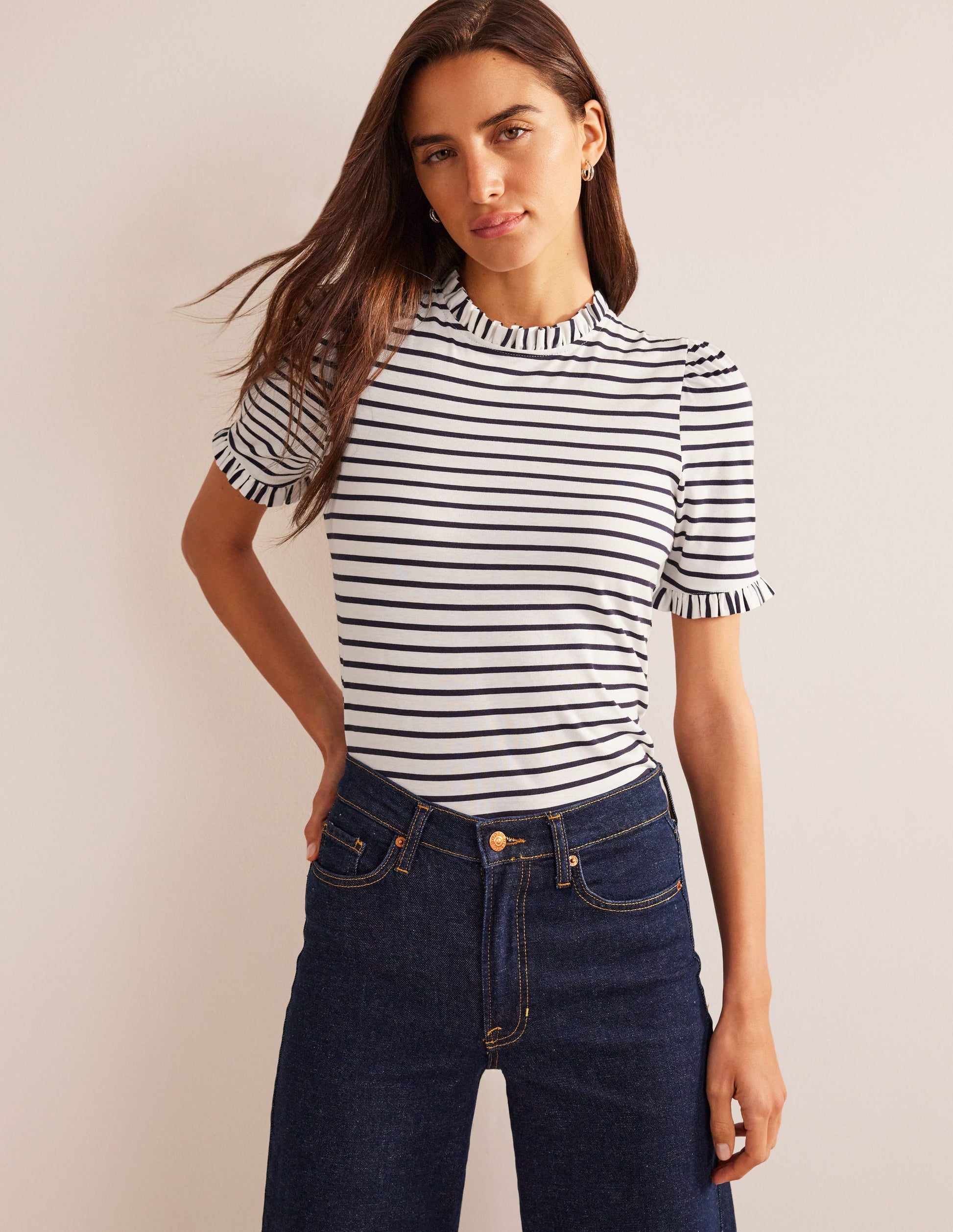 Supersoft Frill Detail T-shirt-Ivory, Navy Stripe-1