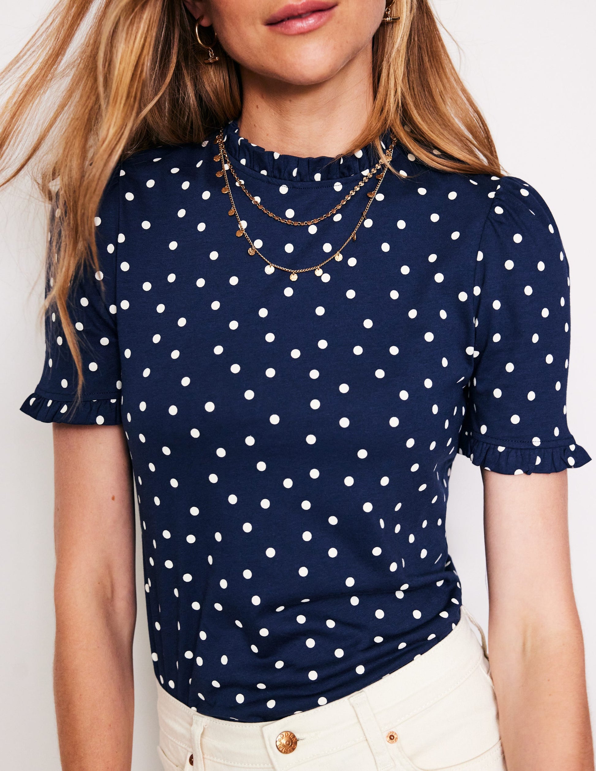 Supersoft Frill Detail T-shirt-Navy, Sparse Spot-2