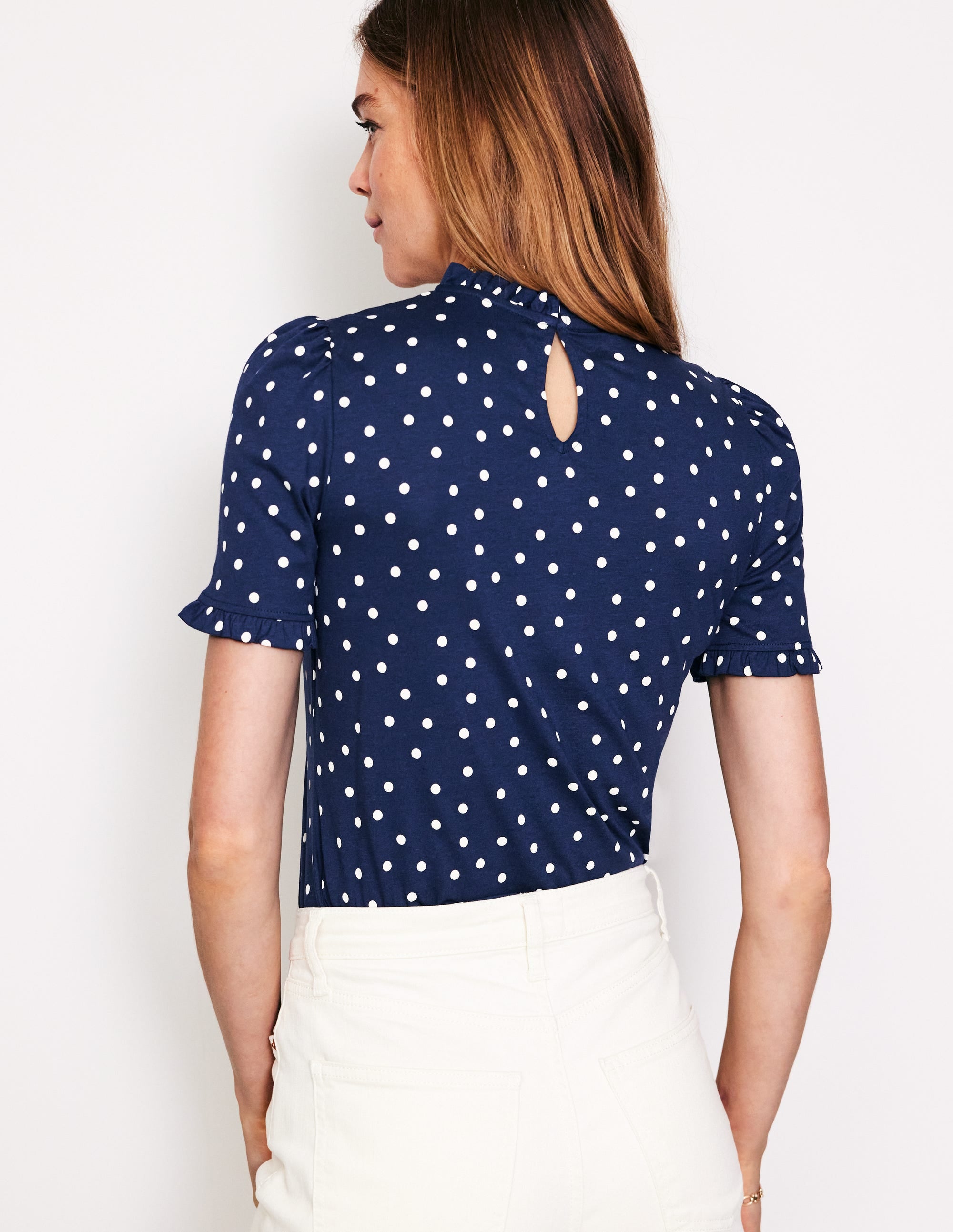 Supersoft Frill Detail T-shirt-Navy, Sparse Spot - Image 3