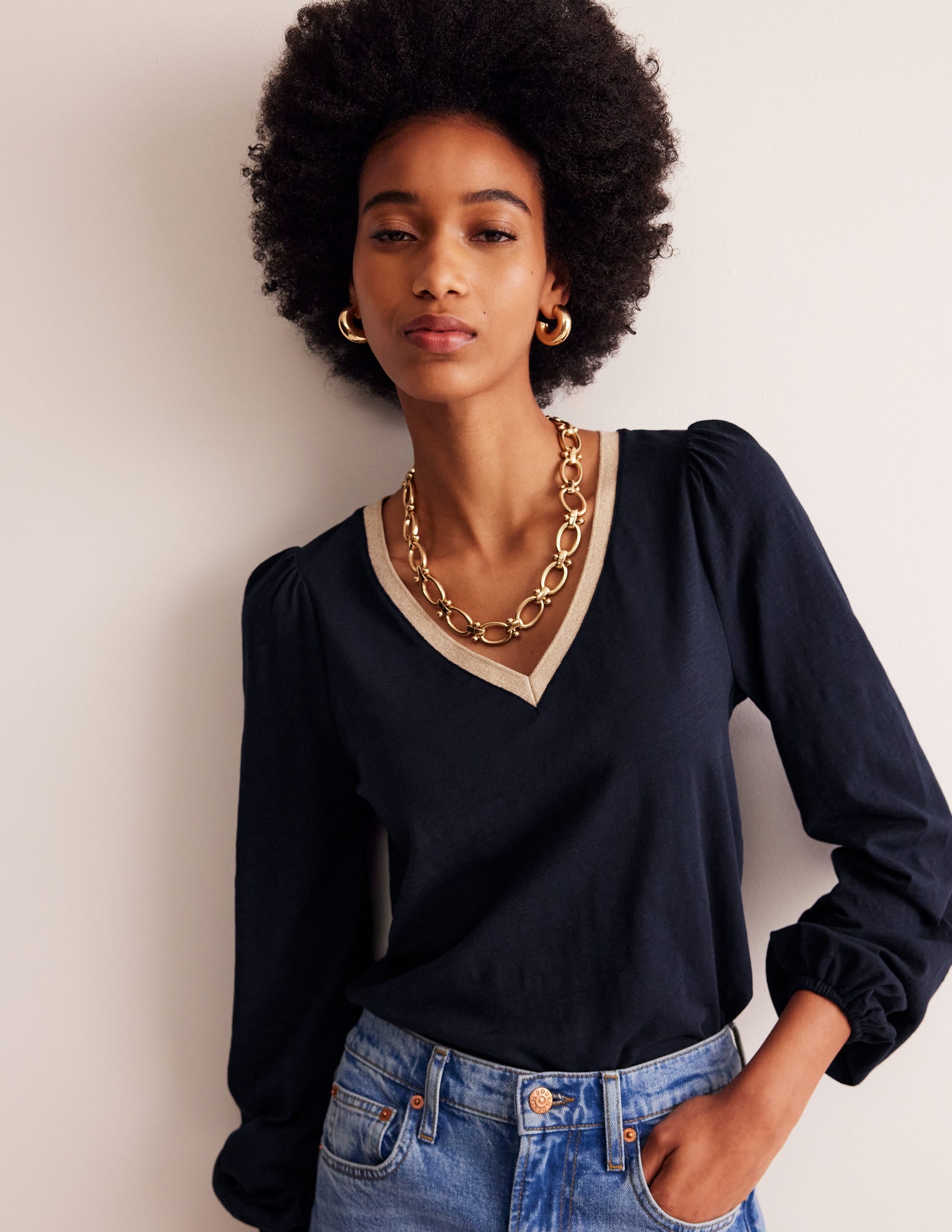 Metallic Trim Long Sleeve Top-Navy - Image 1