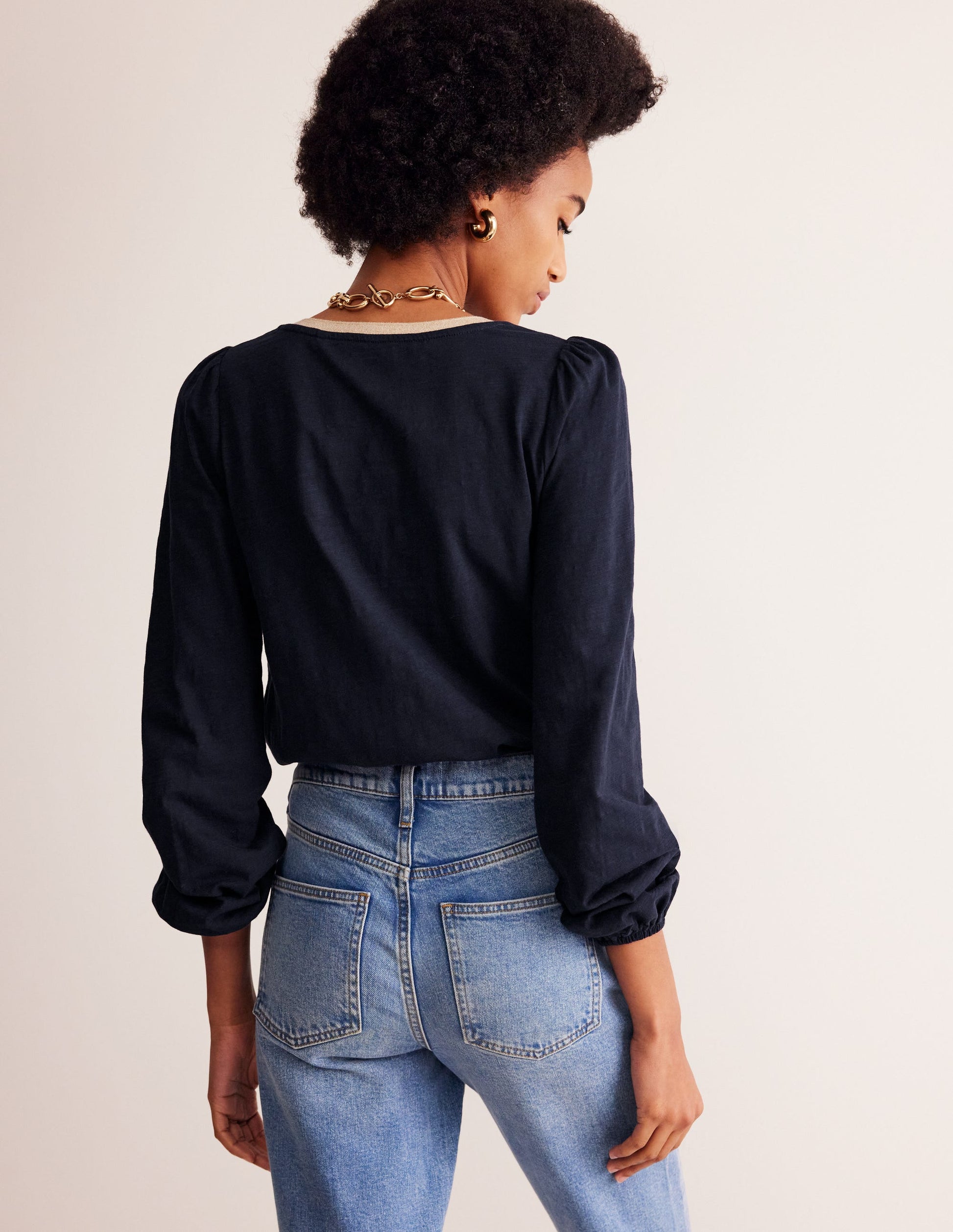 Metallic Trim Long Sleeve Top-Navy-3