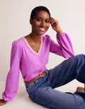 Metallic Trim Long Sleeve Top-Foxglove