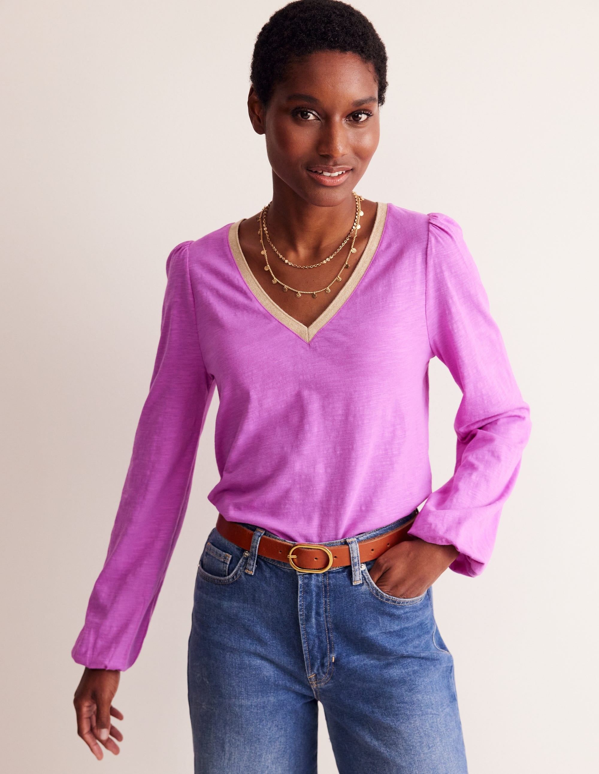 Metallic Trim Long Sleeve Top-Foxglove - Image 4
