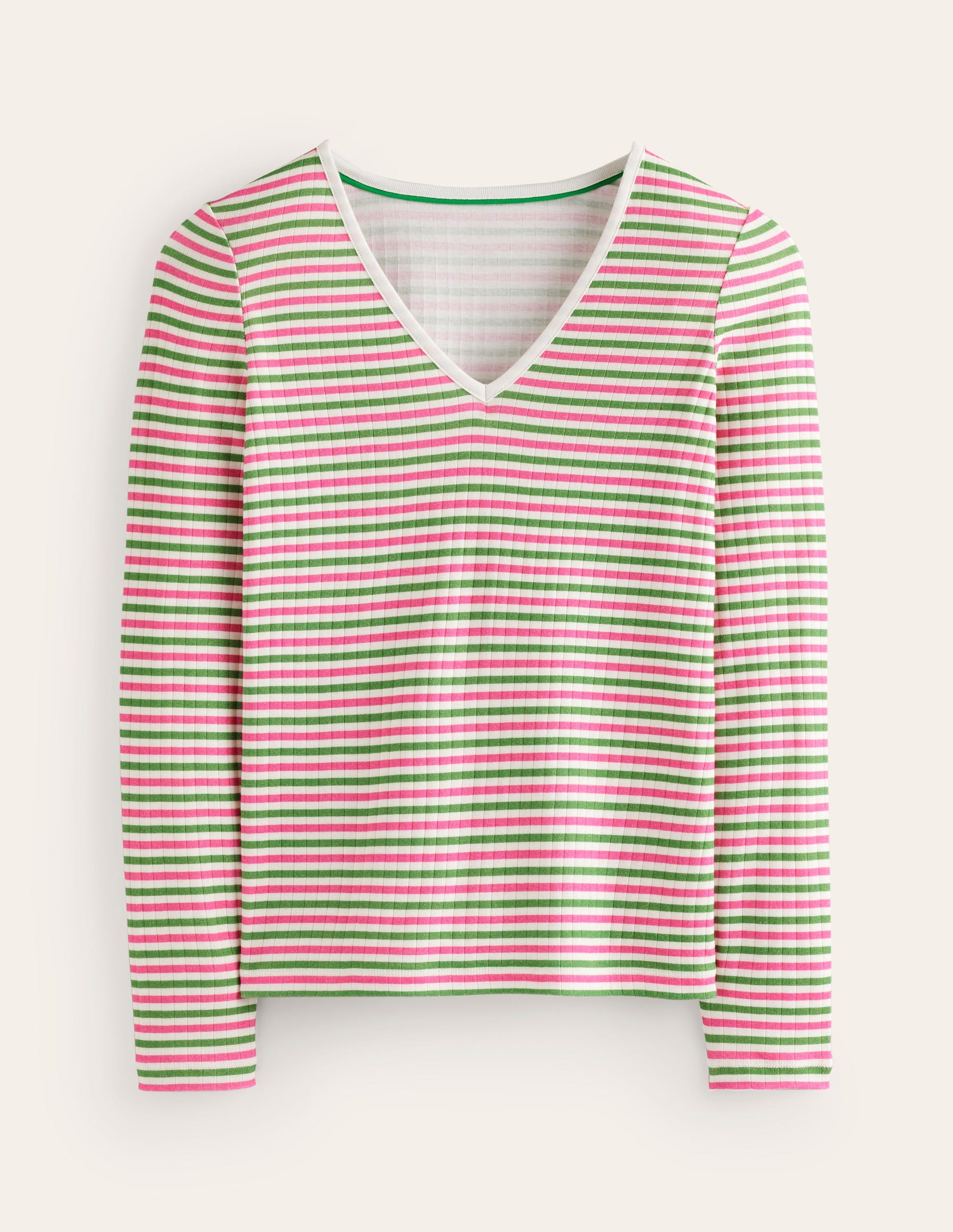 Anna Rib V-Neck T-Shirt-Green, Pink Stripe-5