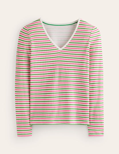 Anna Rib V-Neck T-Shirt-Green, Pink Stripe-5