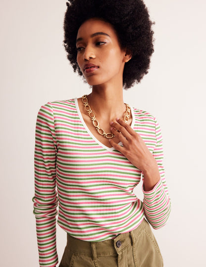 Anna Rib V-Neck T-Shirt-Green, Pink Stripe-1