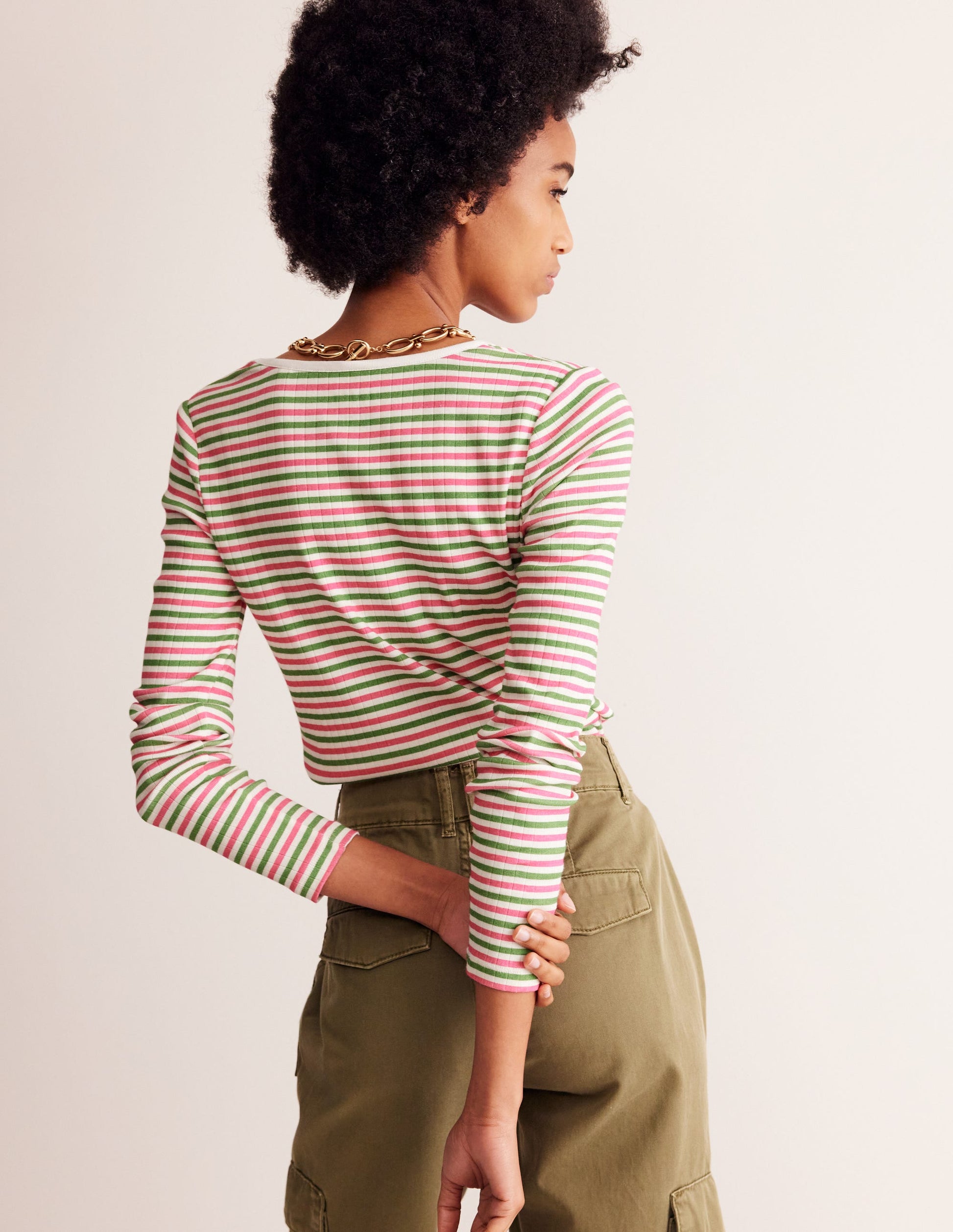 Anna Rib V-Neck T-Shirt-Green, Pink Stripe-3