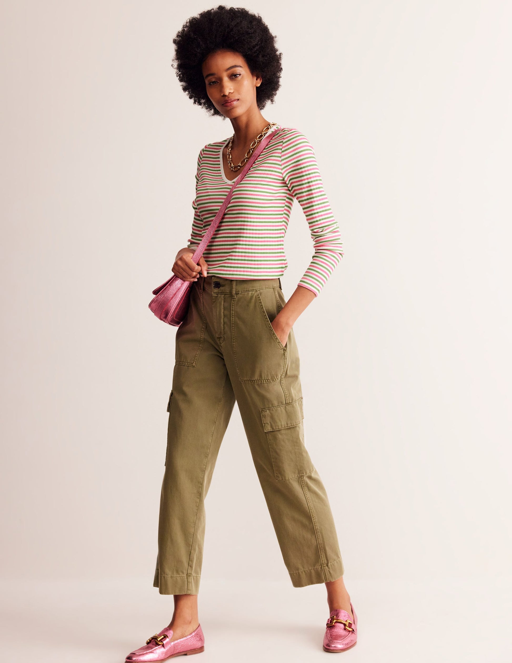 Anna Rib V-Neck T-Shirt-Green, Pink Stripe-4