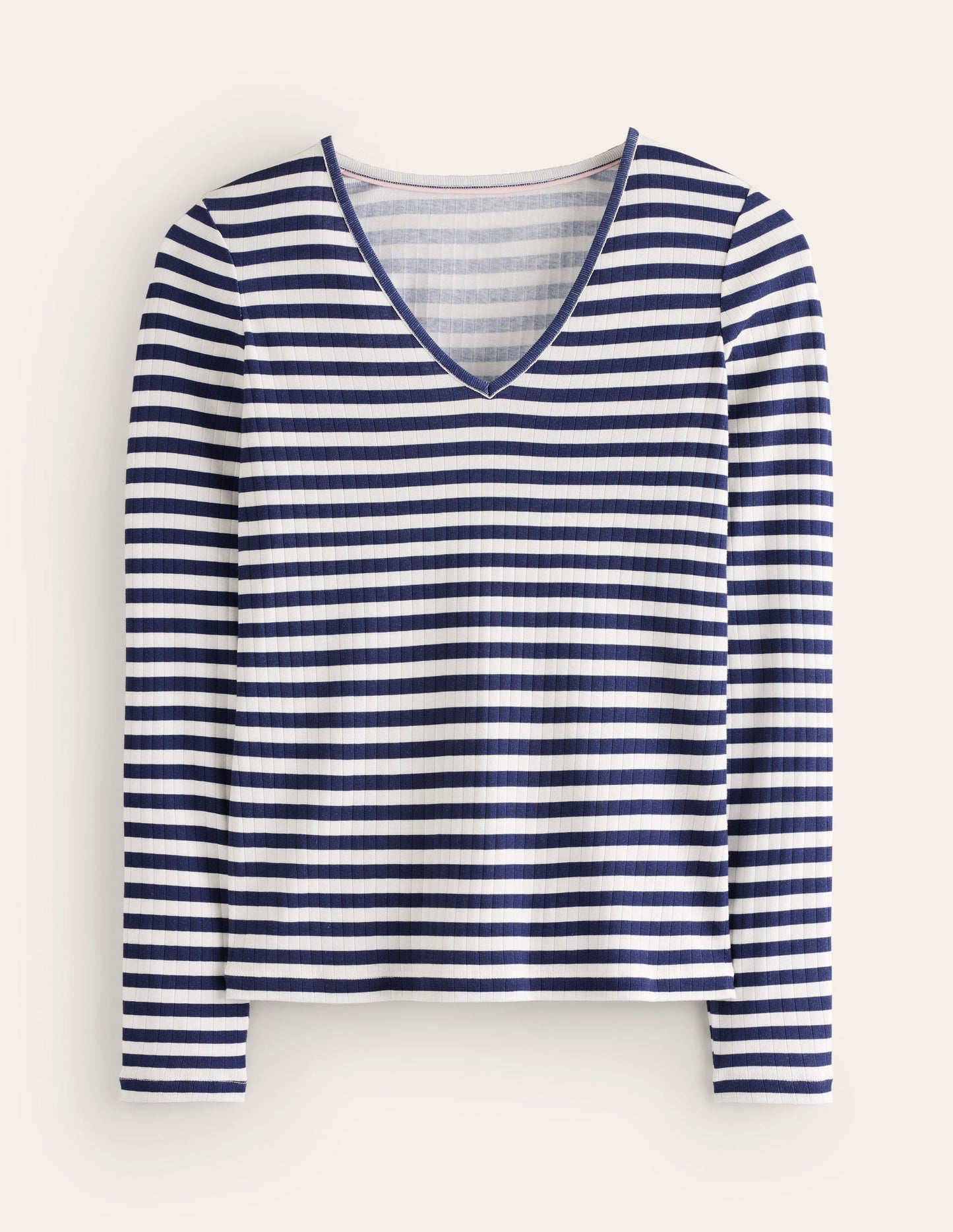 Anna Rib V-Neck T-Shirt-Ivory, Navy Stripe