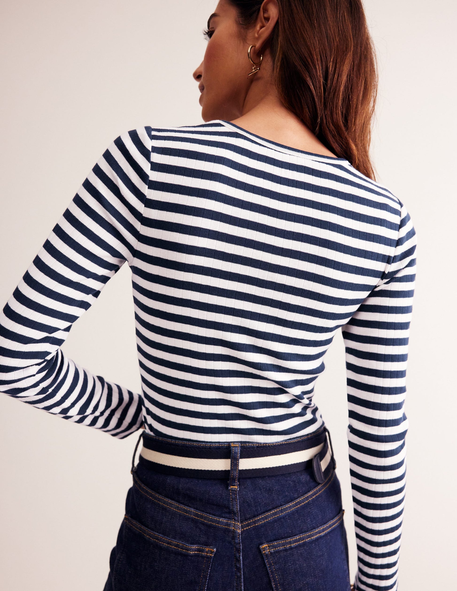 Anna Rib V-Neck T-Shirt-Ivory, Navy Stripe-3