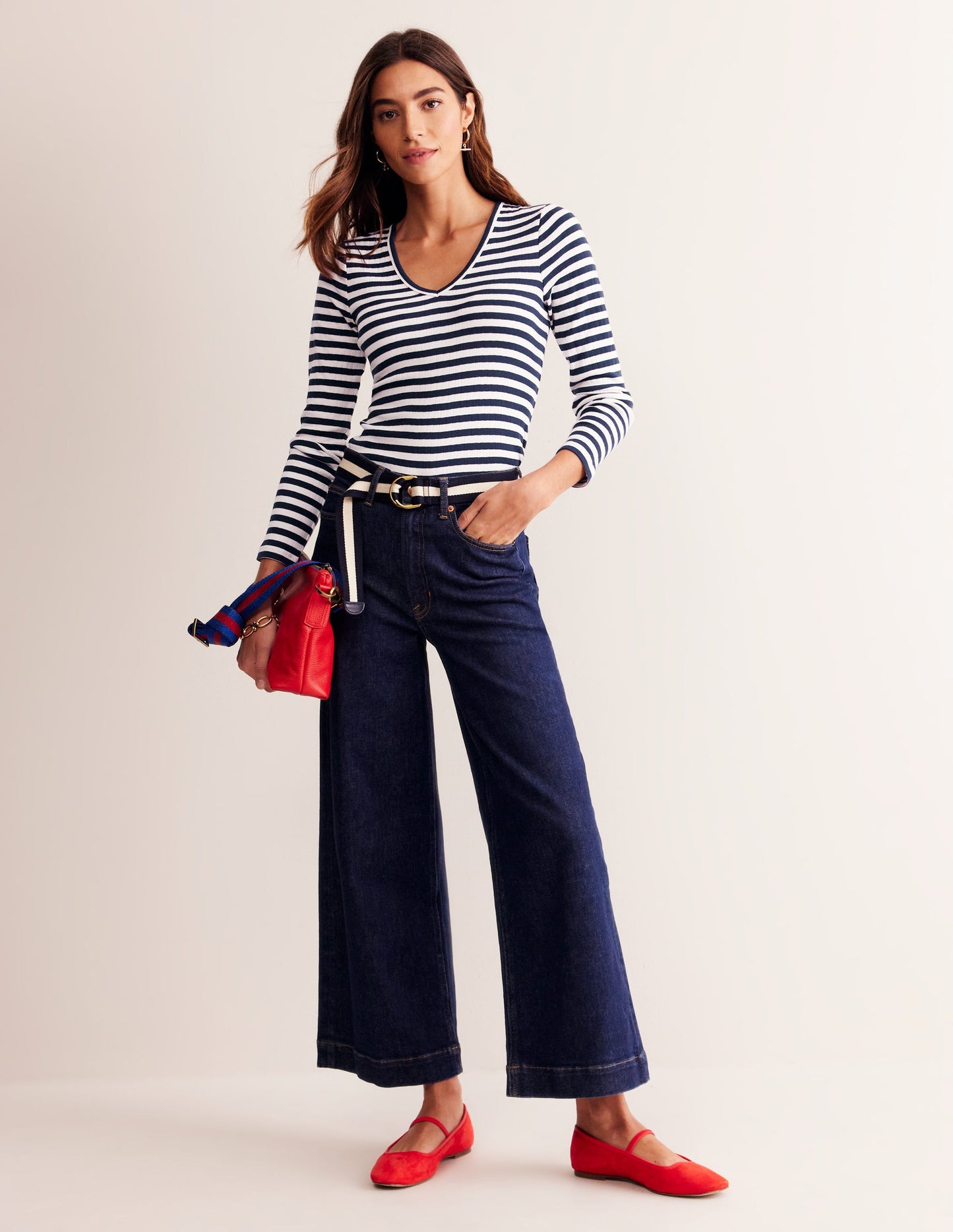 Anna Rib V-Neck T-Shirt-Ivory, Navy Stripe