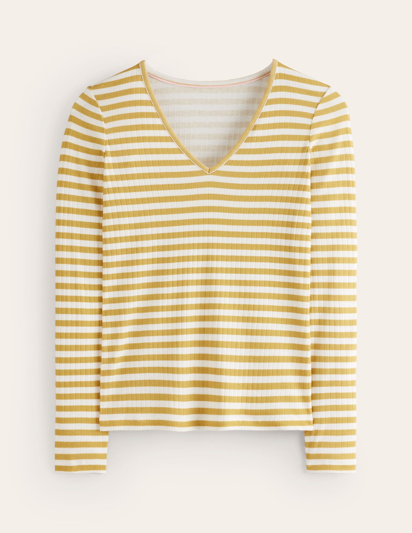 Anna Rib V-Neck T-Shirt-Yellow, Ivory Stripe