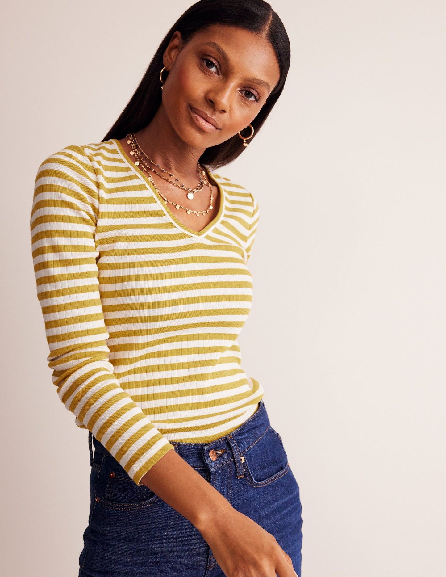 Anna Rib V-Neck T-Shirt-Yellow, Ivory Stripe