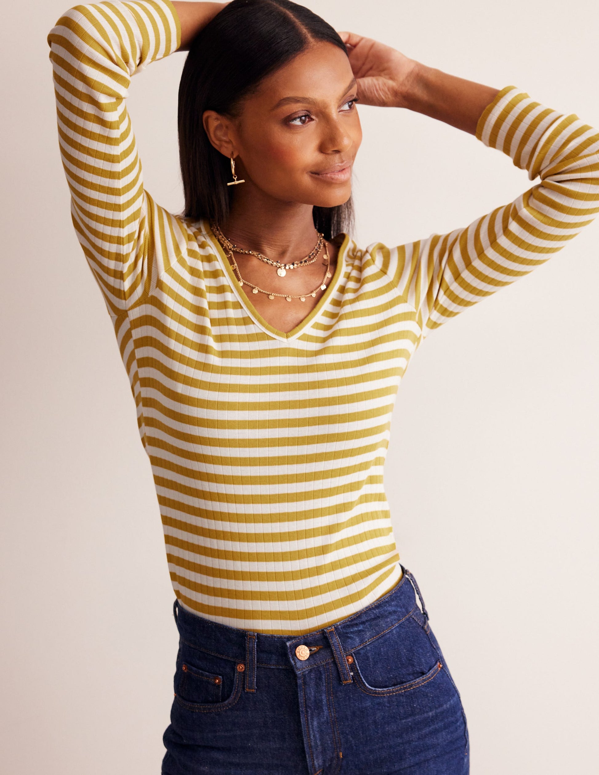 Anna Rib V-Neck T-Shirt-Yellow, Ivory Stripe-4