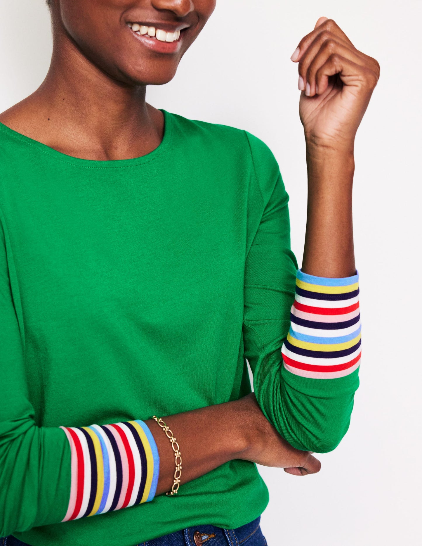 Supersoft Crew Neck Top-Green Multi Cuff Stripe