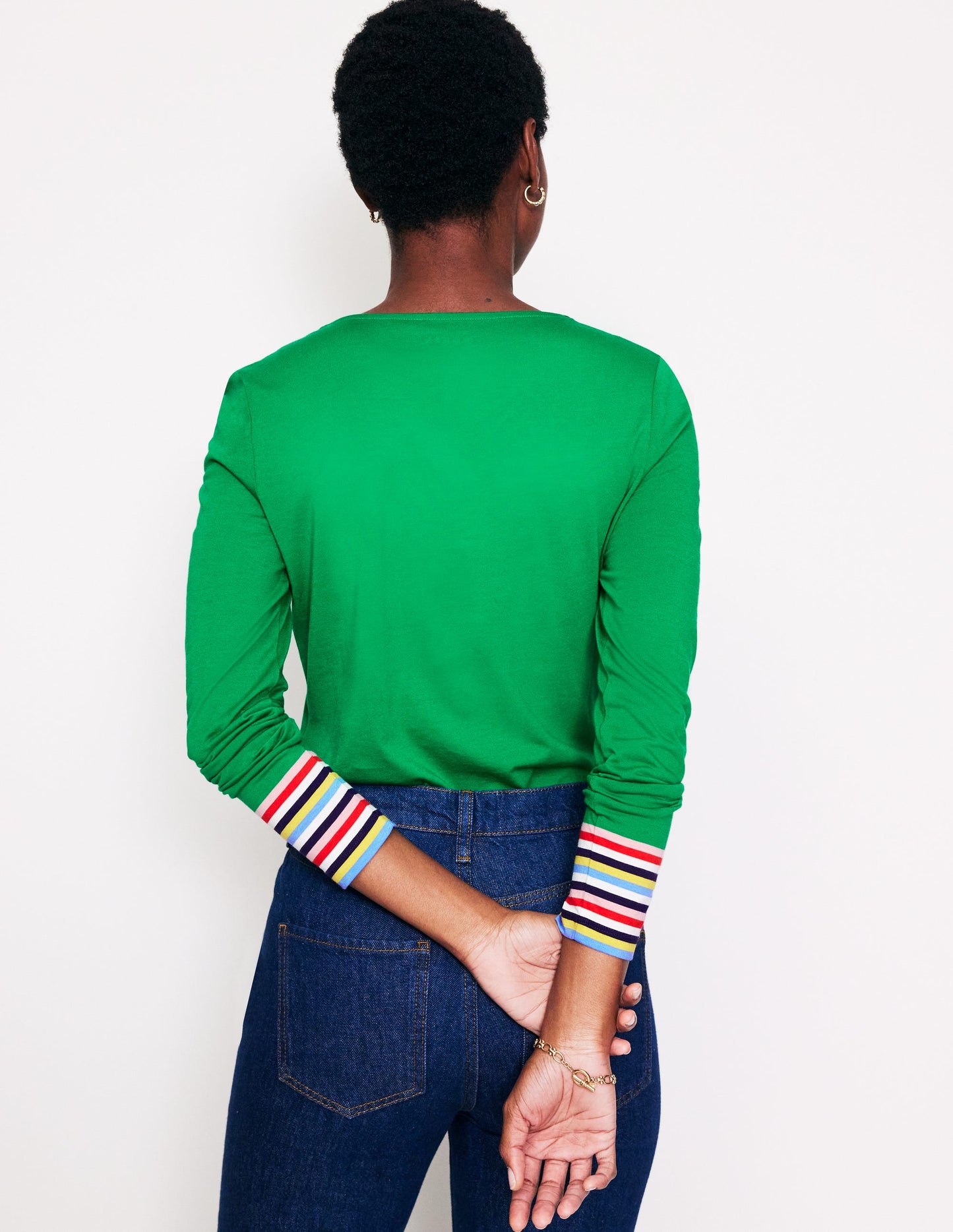 Supersoft Crew Neck Top-Green Multi Cuff Stripe