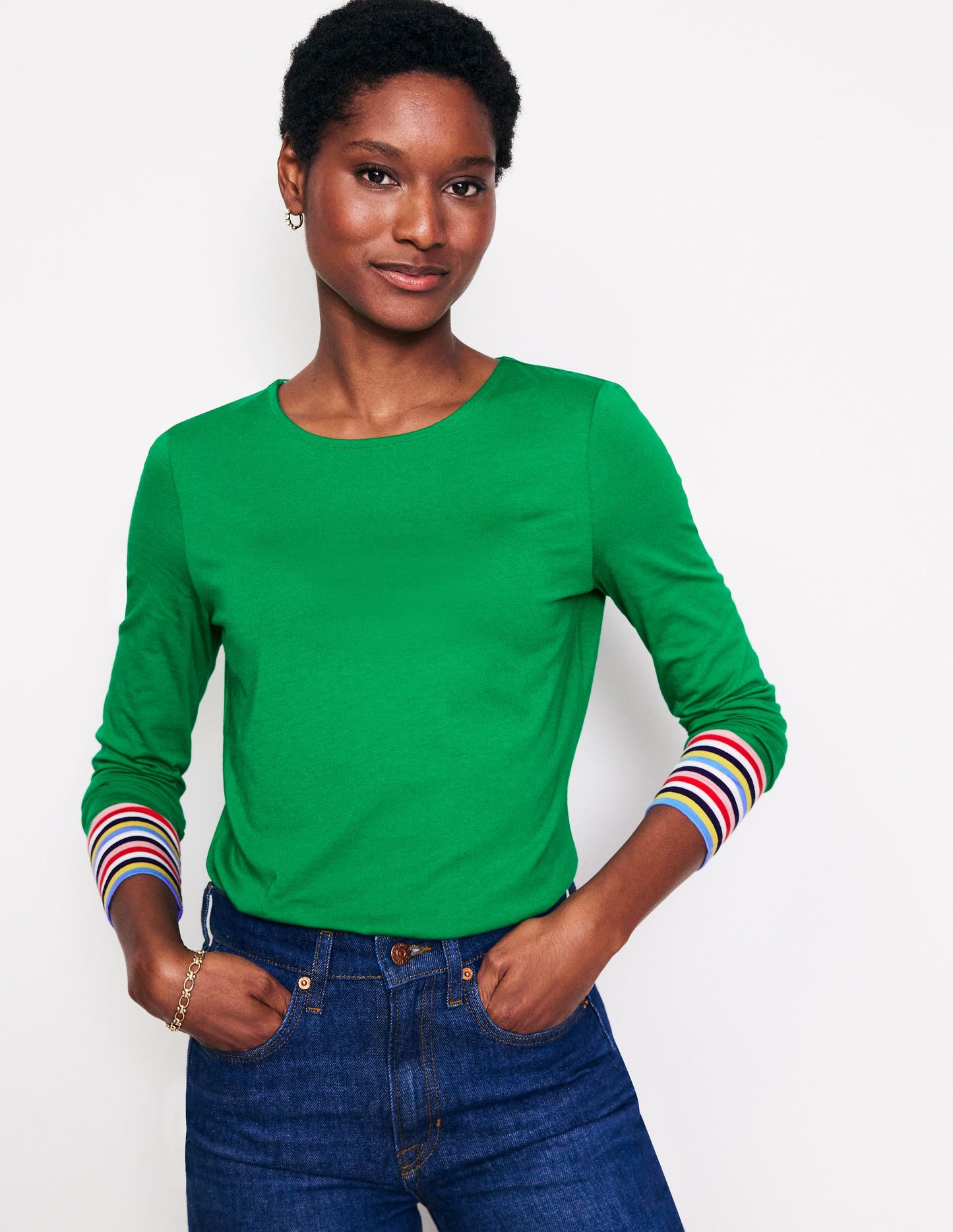 Supersoft Crew Neck Top-Green Multi Cuff Stripe