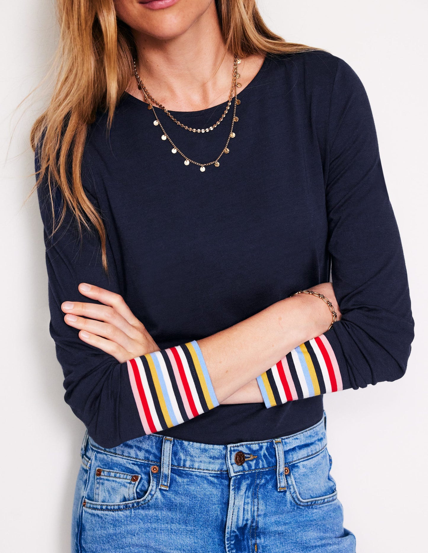 Supersoft Crew Neck Top-French Navy Multi Cuff Stripe