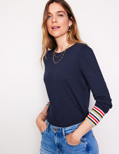 Supersoft Crew Neck Top-French Navy Multi Cuff Stripe