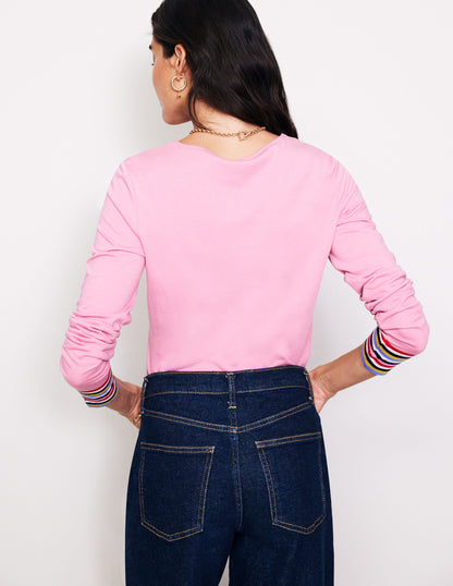 Supersoft Crew Neck Top-Orchid Pink Multi Cuff Stripe