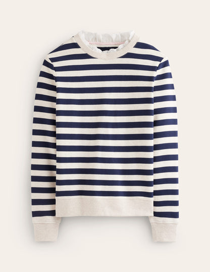 Broderie Trim Sweatshirt-Navy, Grey Marl Stripe