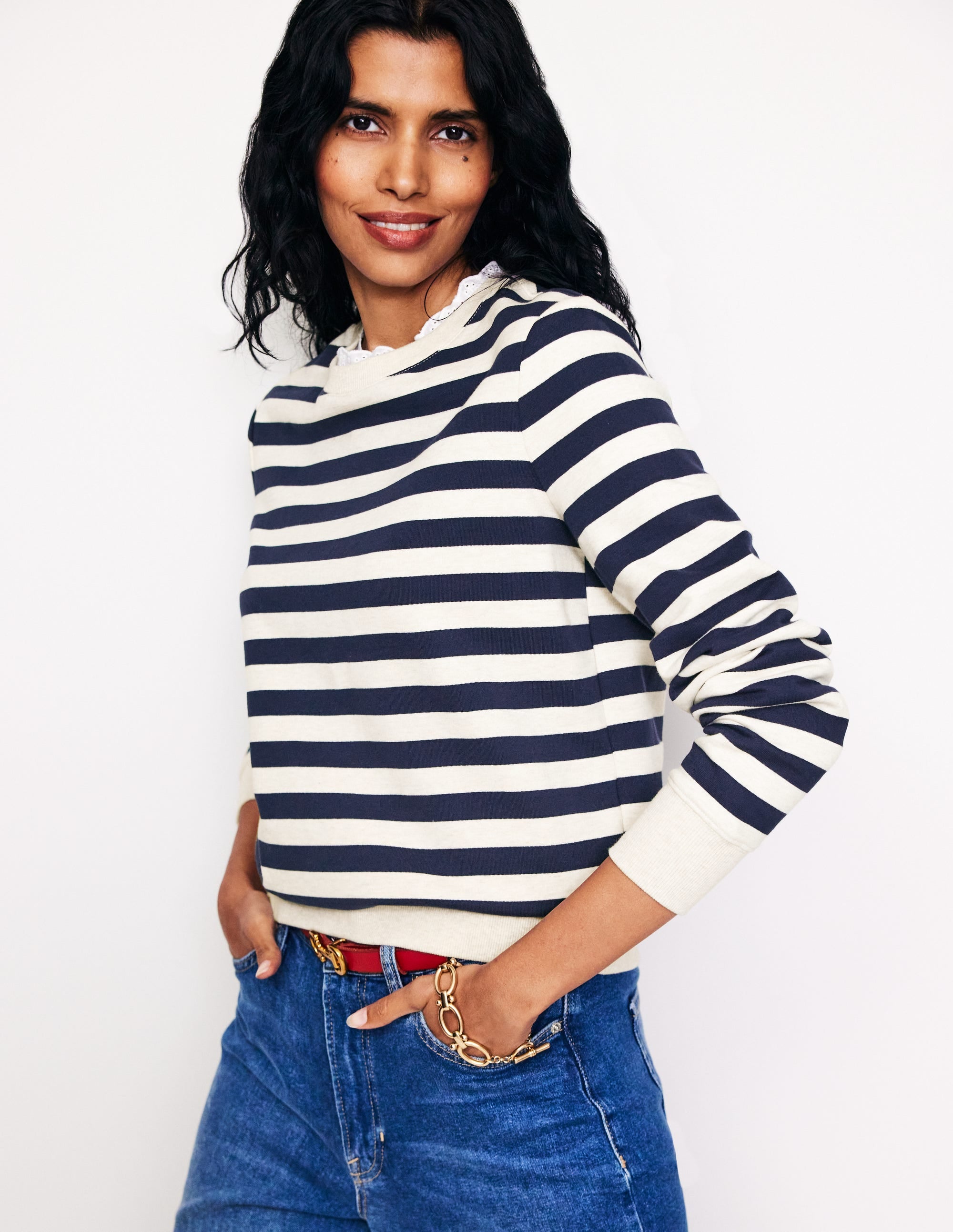 Broderie Trim Sweatshirt-Navy, Grey Marl Stripe - Image 1