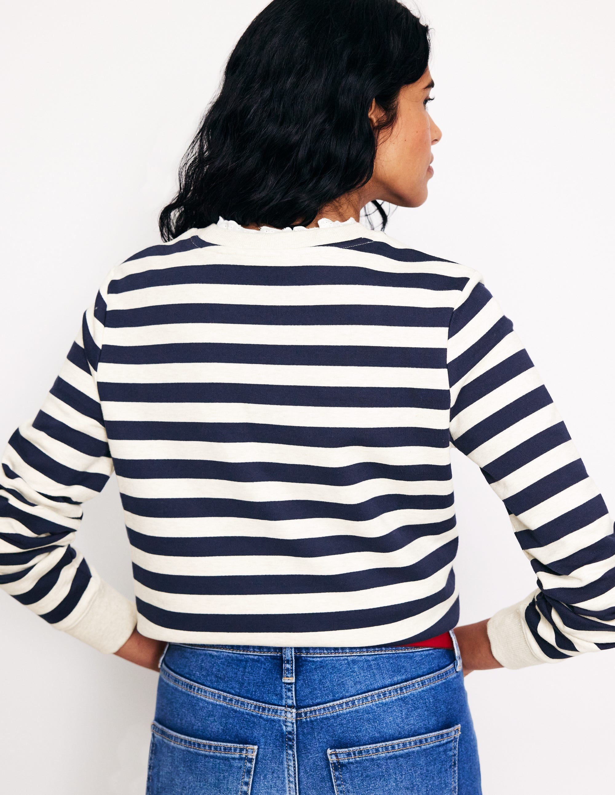 Broderie Trim Sweatshirt-Navy, Grey Marl Stripe - Image 3