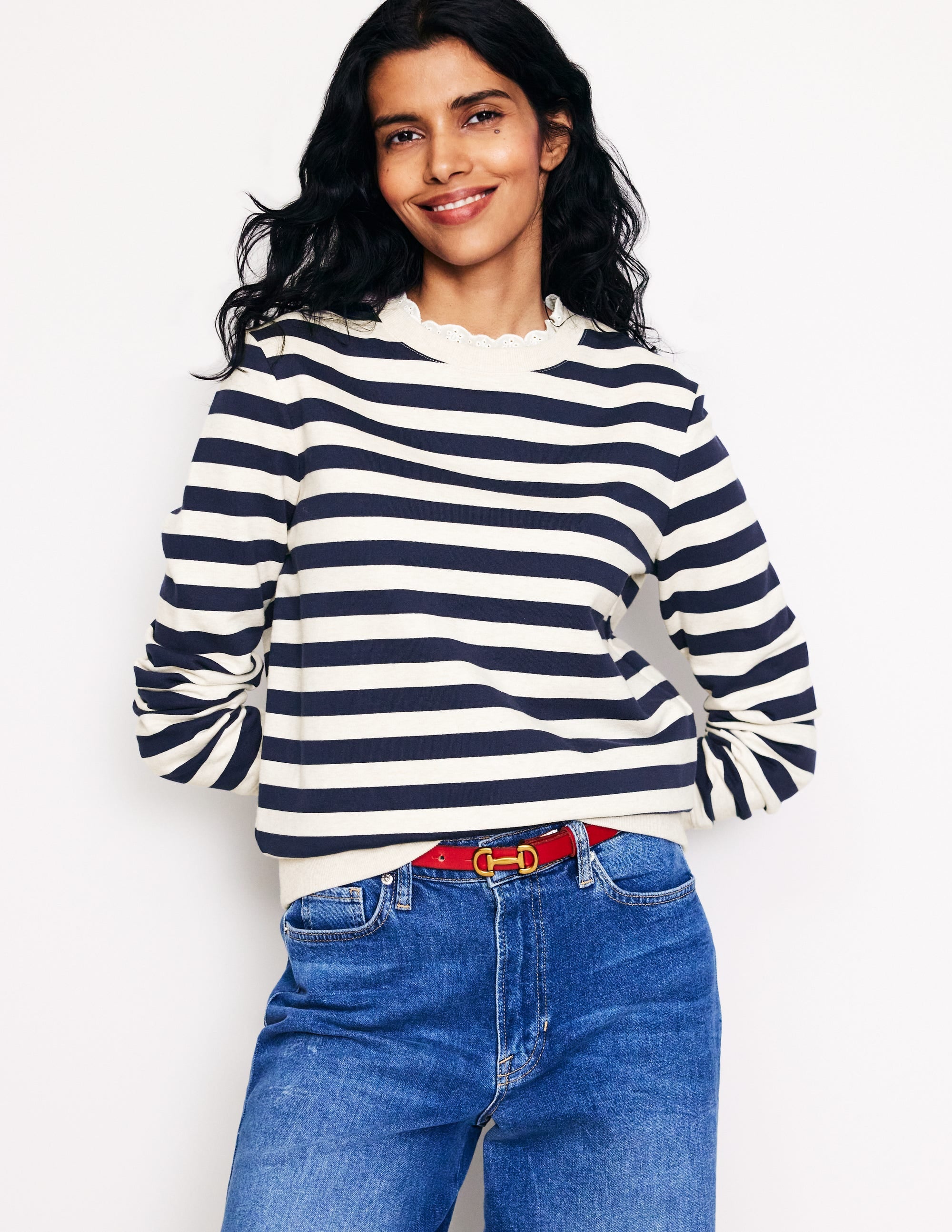 Broderie Trim Sweatshirt-Navy, Grey Marl Stripe - Image 4