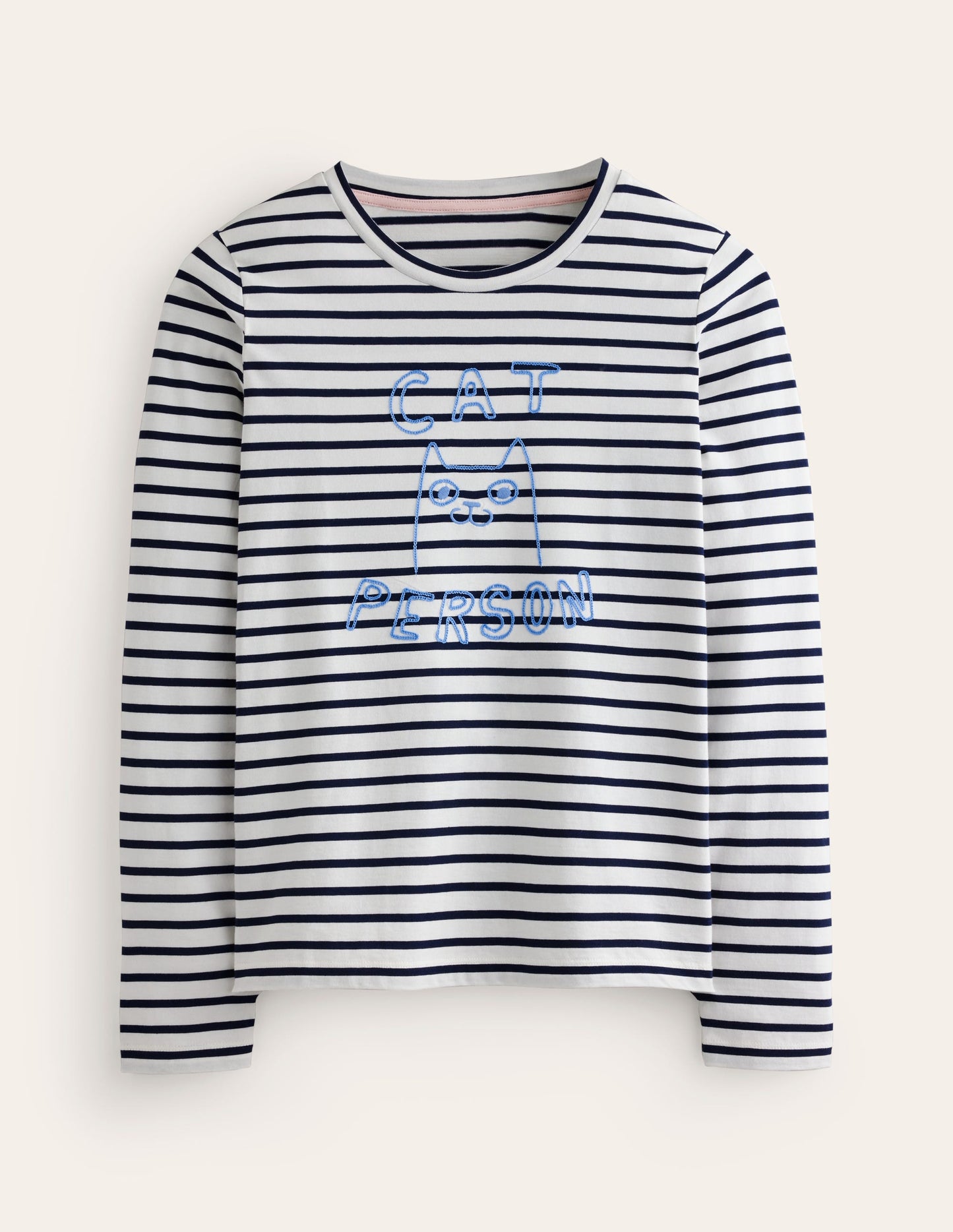 Embroidered Regular T-Shirt-Ivory, Navy, Cat Person