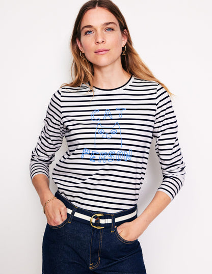 Embroidered Regular T-Shirt-Ivory, Navy, Cat Person