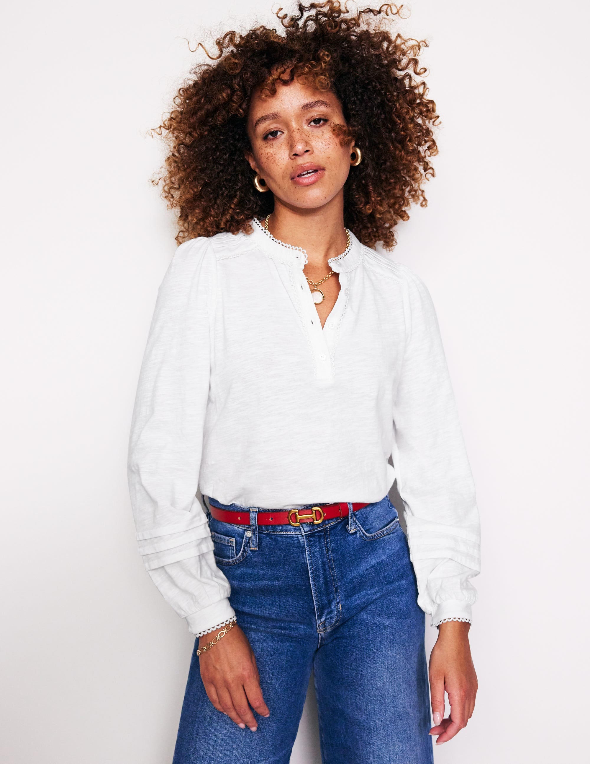 Henrietta Pintuck Henley Top-White - Image 1