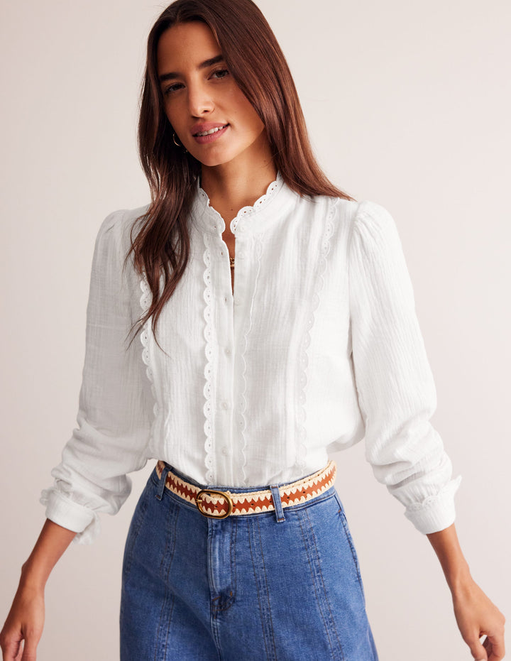 Double Cloth Scallop Blouse-White
