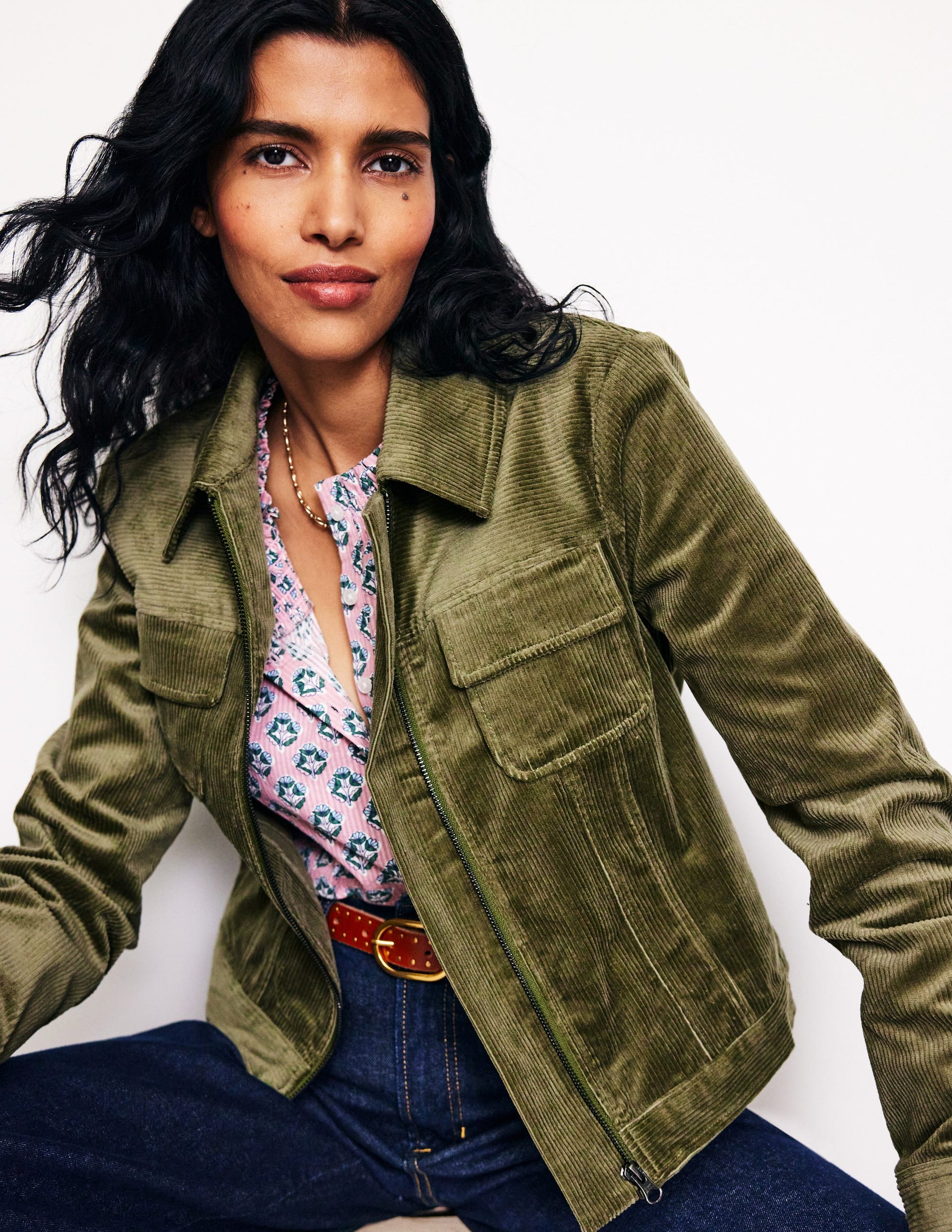 Cord Zip Through Jacket-Winter Moss-1