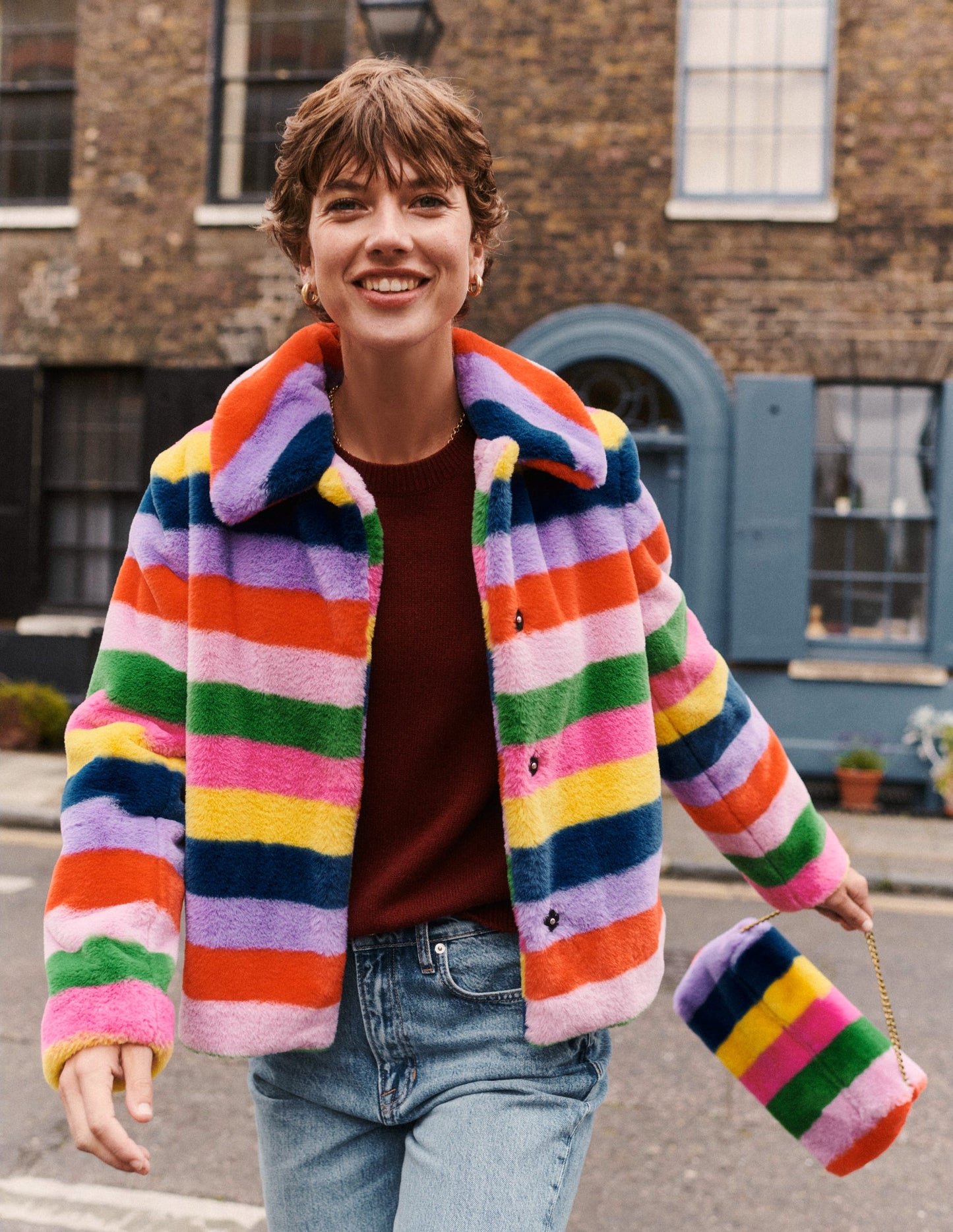 Stripe Faux-Fur Coat-Rainbow Stripe