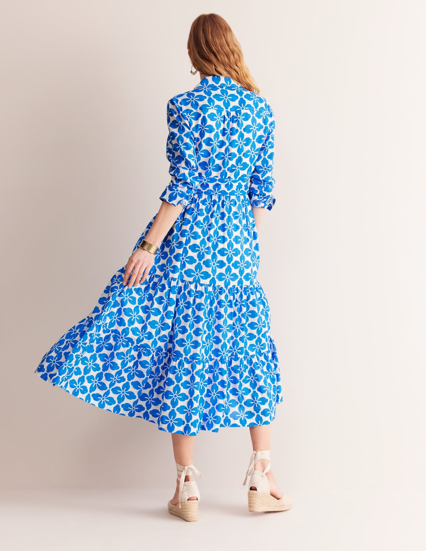 Flo Cotton Midi Shirt Dress-Indigo Bunting, Floral Tile