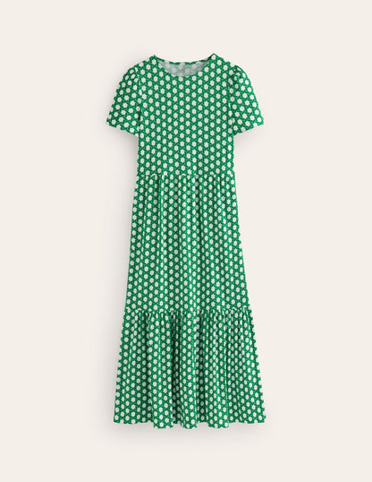 Emma Tiered Jersey Midi Dress-Green, Honeycomb Geo