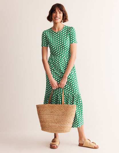 Emma Tiered Jersey Midi Dress-Green, Honeycomb Geo