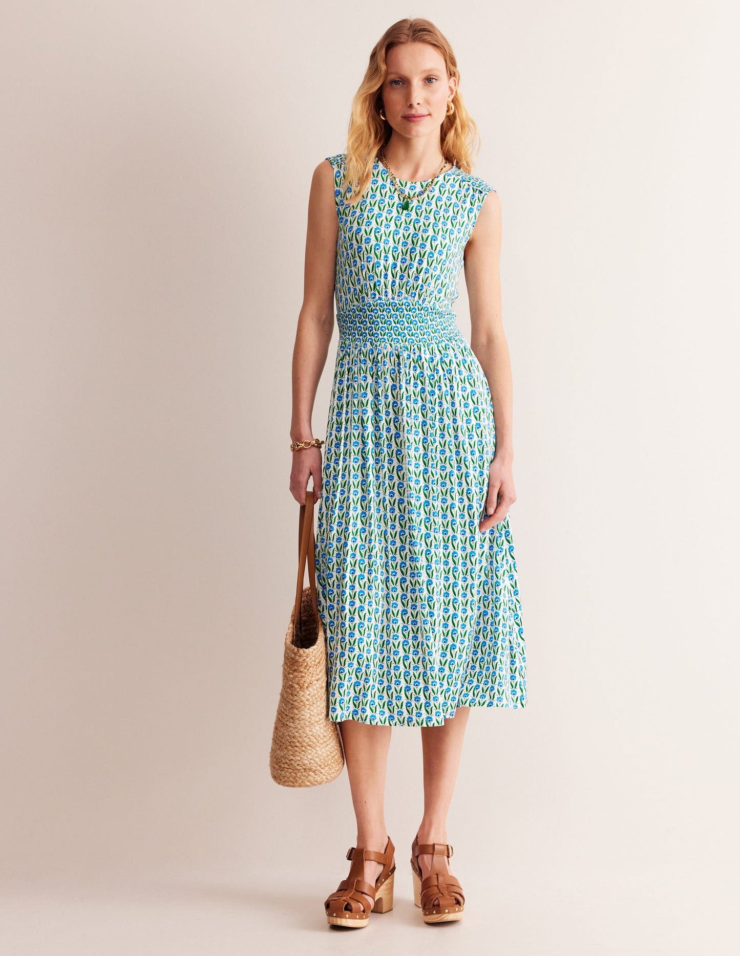 Thea Sleeveless Midi Dress-Green Tambourine, Daisies