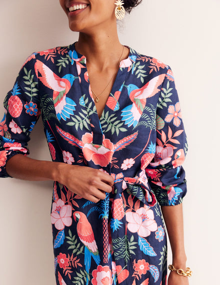 Cleo Linen Tie Waist Dress-Multi, Tropic Parrot