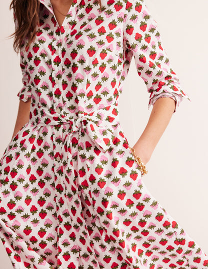 Amy Cotton Midi Shirt Dress-Ivory, Strawberry Pop