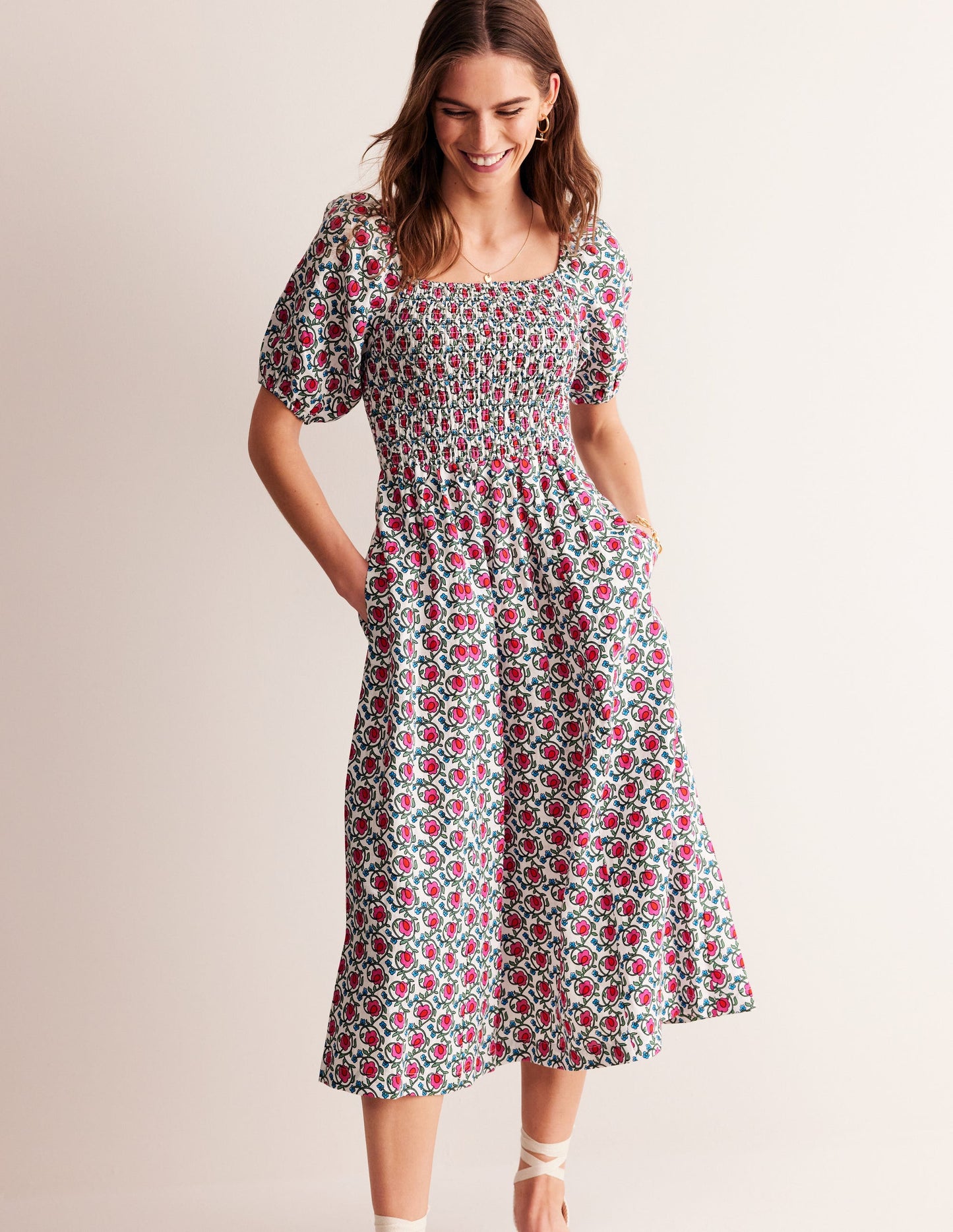 Sky Smocked Linen Midi Dress-Pop Pansy, Foliage Terrace