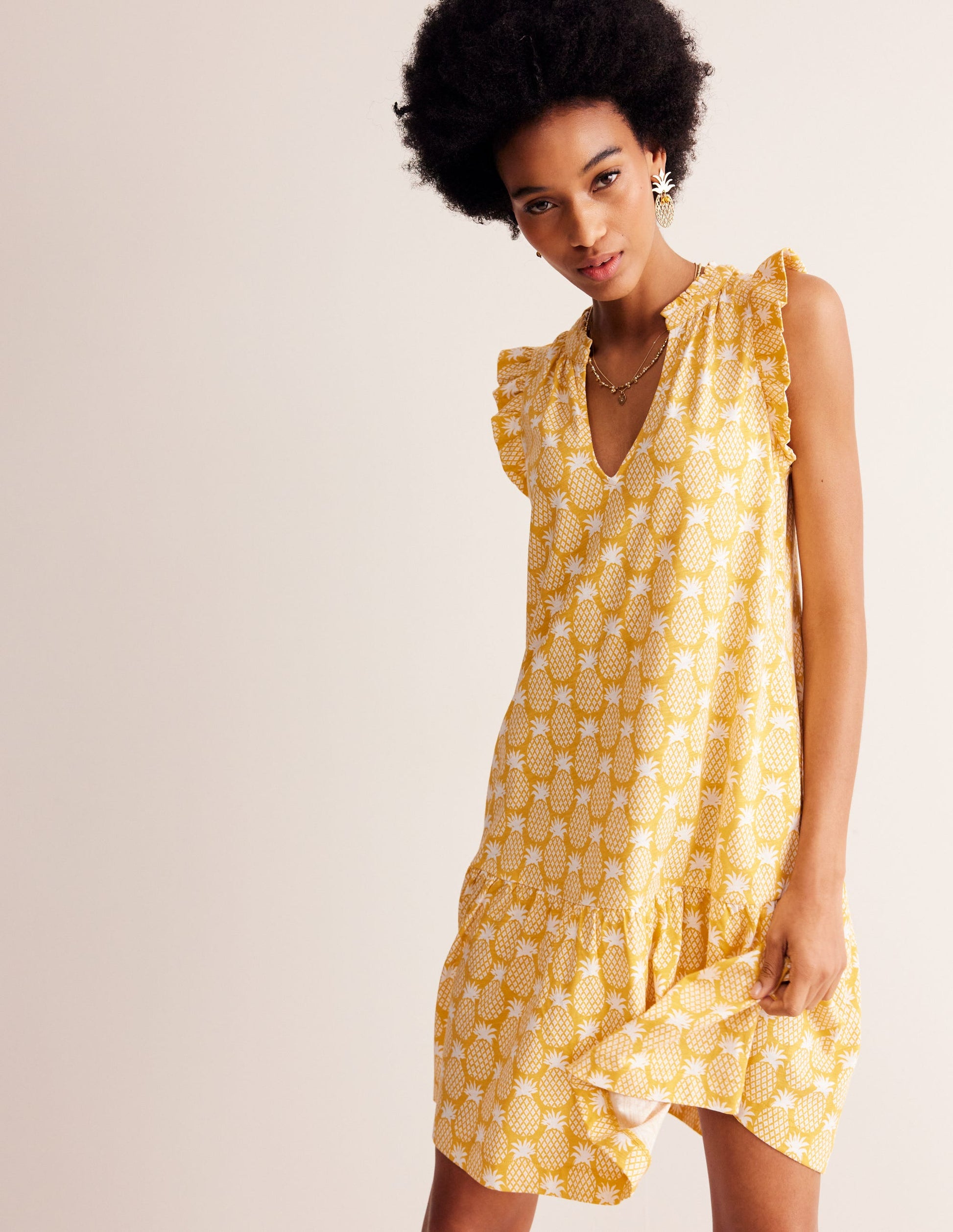 Daisy Jersey Short Tier Dress-Ceylon Yellow, Pineapple Geo-1