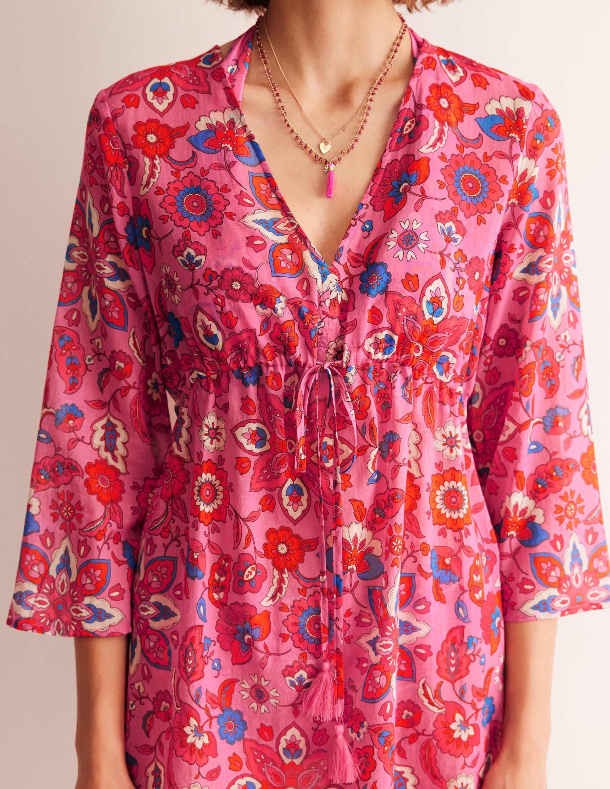 Cotton Beach Short Kaftan-Sangria Sunset, Botanical - Image 2