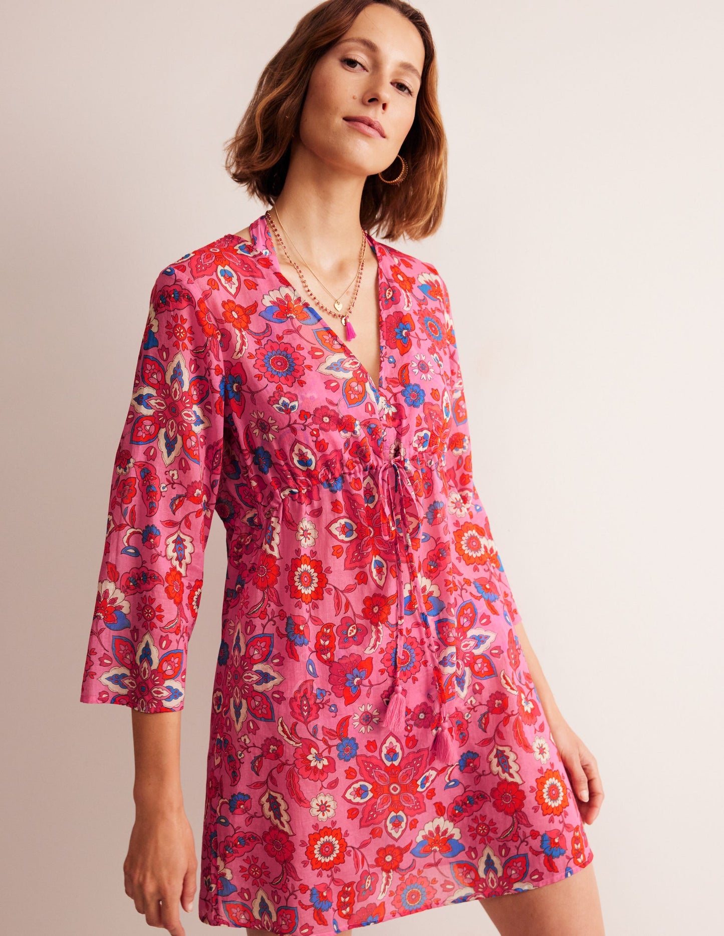 Cotton Beach Short Kaftan-Sangria Sunset, Botanical
