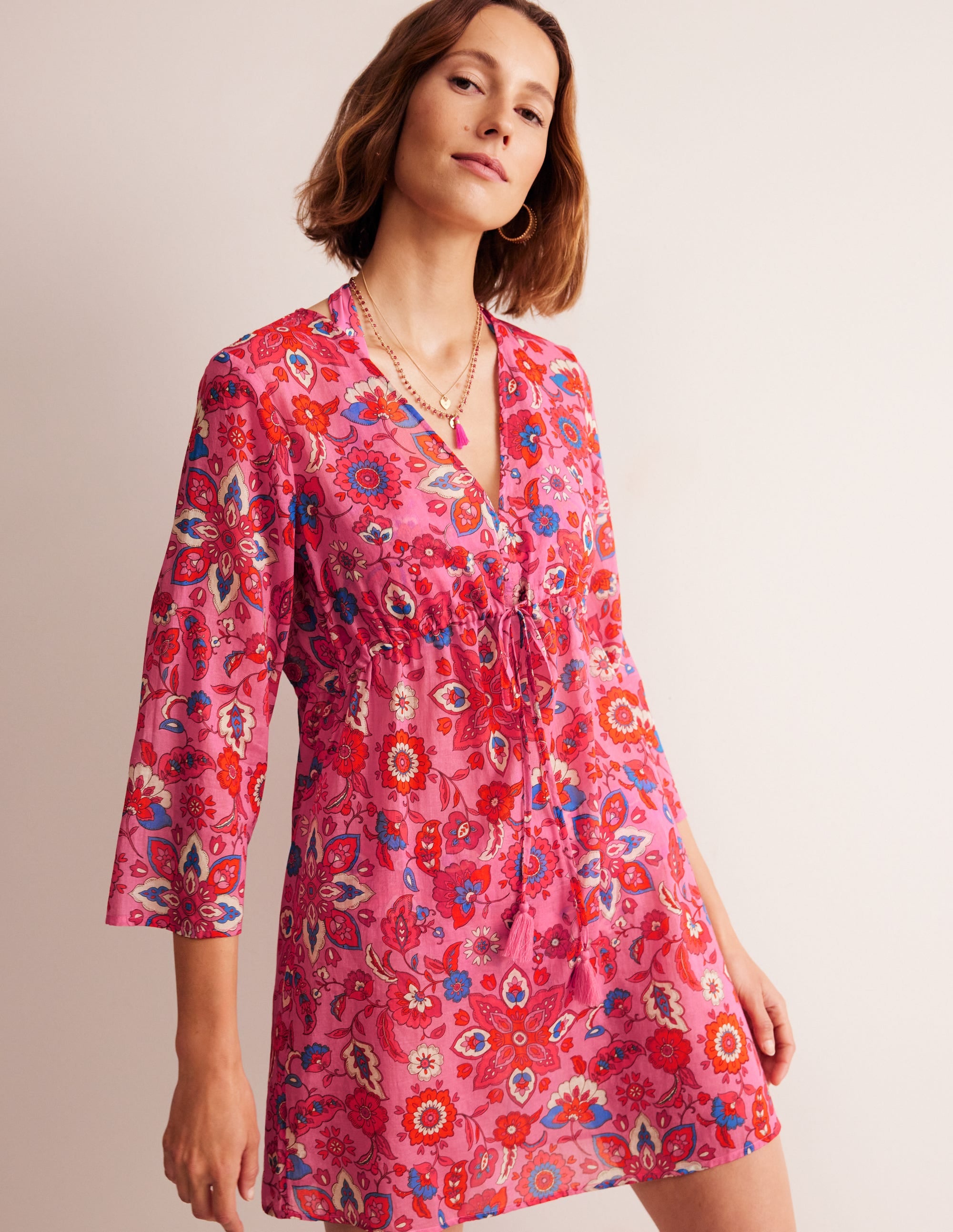 Cotton Beach Short Kaftan-Sangria Sunset, Botanical - Image 4