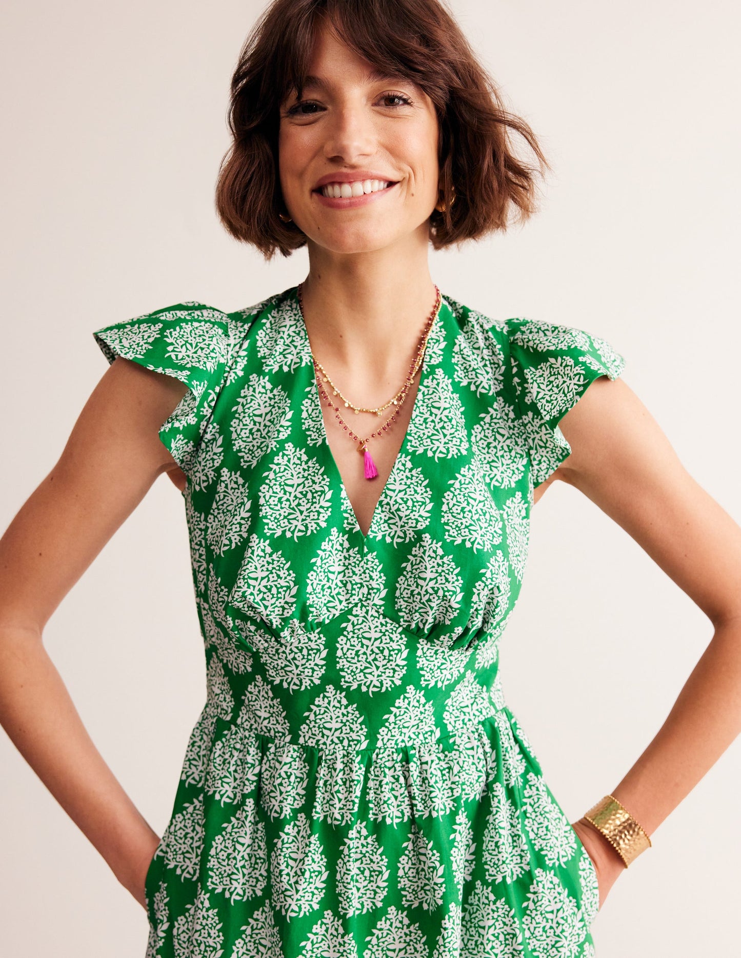 May Cotton Midi Tea Dress-Green Tambourine, Floret