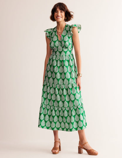 May Cotton Midi Tea Dress-Green Tambourine, Floret