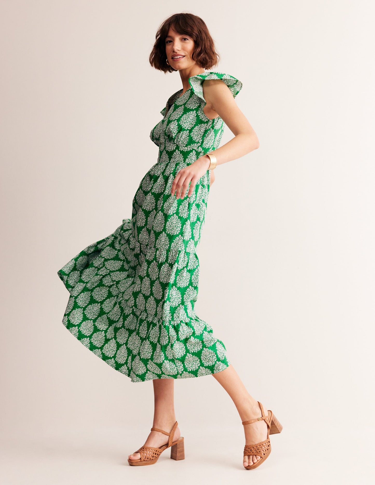 May Cotton Midi Tea Dress-Green Tambourine, Floret