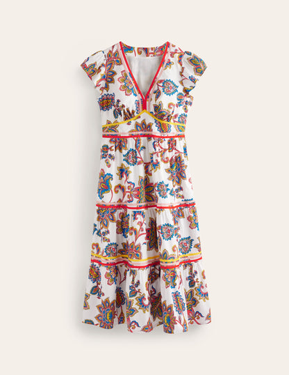 May Cotton Midi Tea Dress-Ivory, Dahlia Bloom