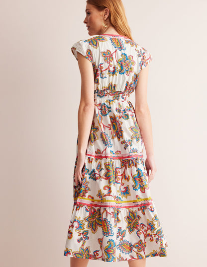 May Cotton Midi Tea Dress-Ivory, Dahlia Bloom